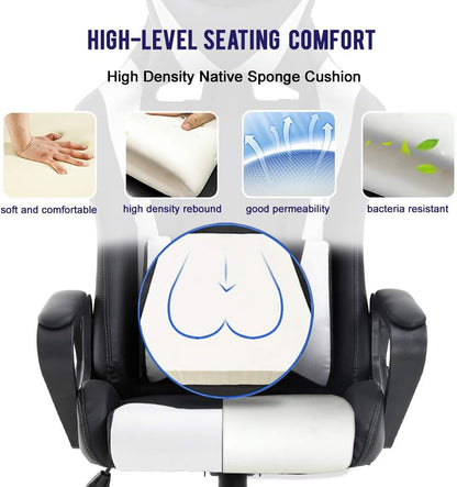 High-Back Gaming Chair PC Office Chair Computer Racing Chair PU Desk Task Chair Ergonomic Executive Swivel Rolling Chair with Lumbar Support for Back Pain Women, Men,White