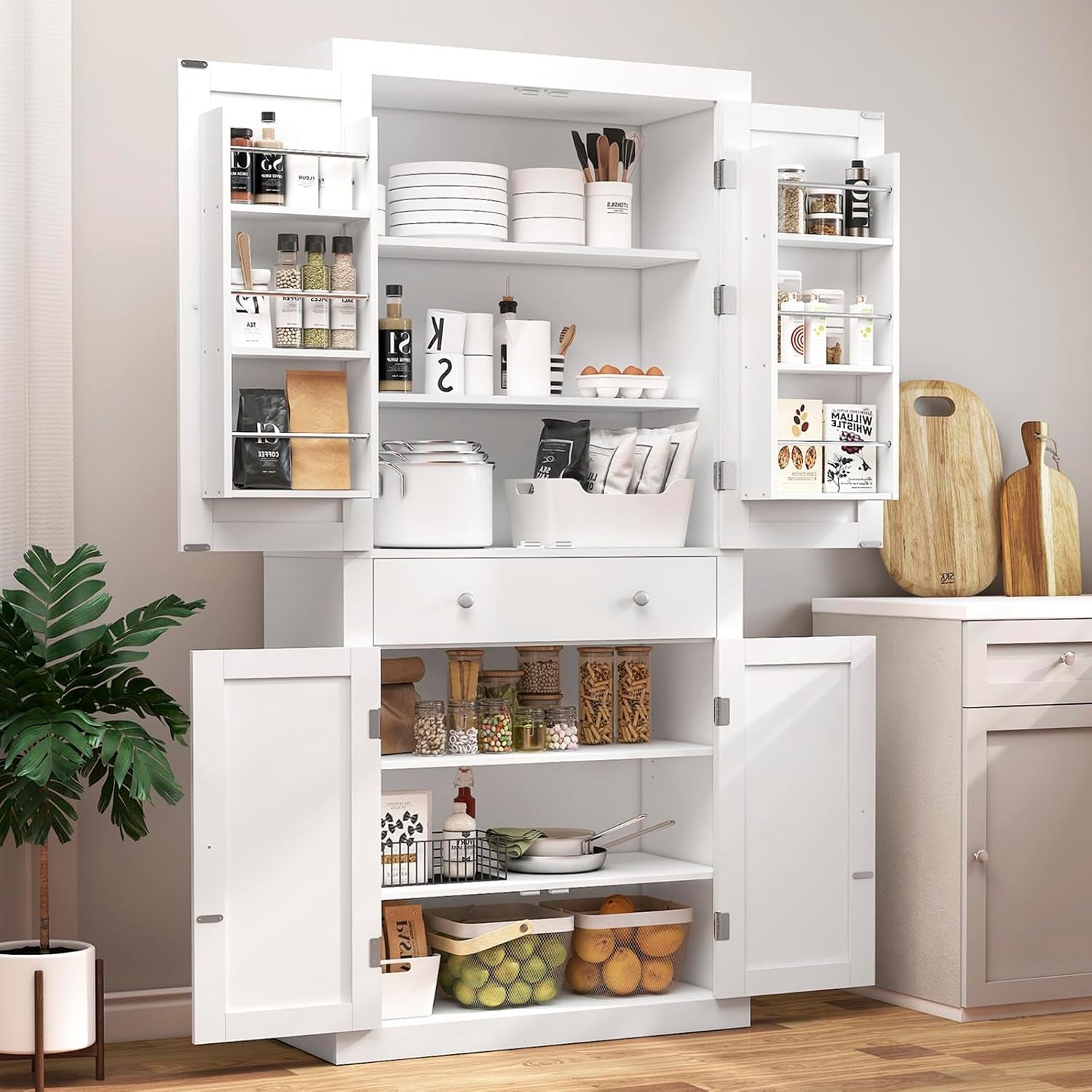 72” Pantry Cabinet, Tall Kitchen Storage Cabinet with 4 Doors and 1 Drawer, Cupboard with 6 Hanging Shelves and Adjustable Shelves for Kitchen, Dining Room, Living Room, White
