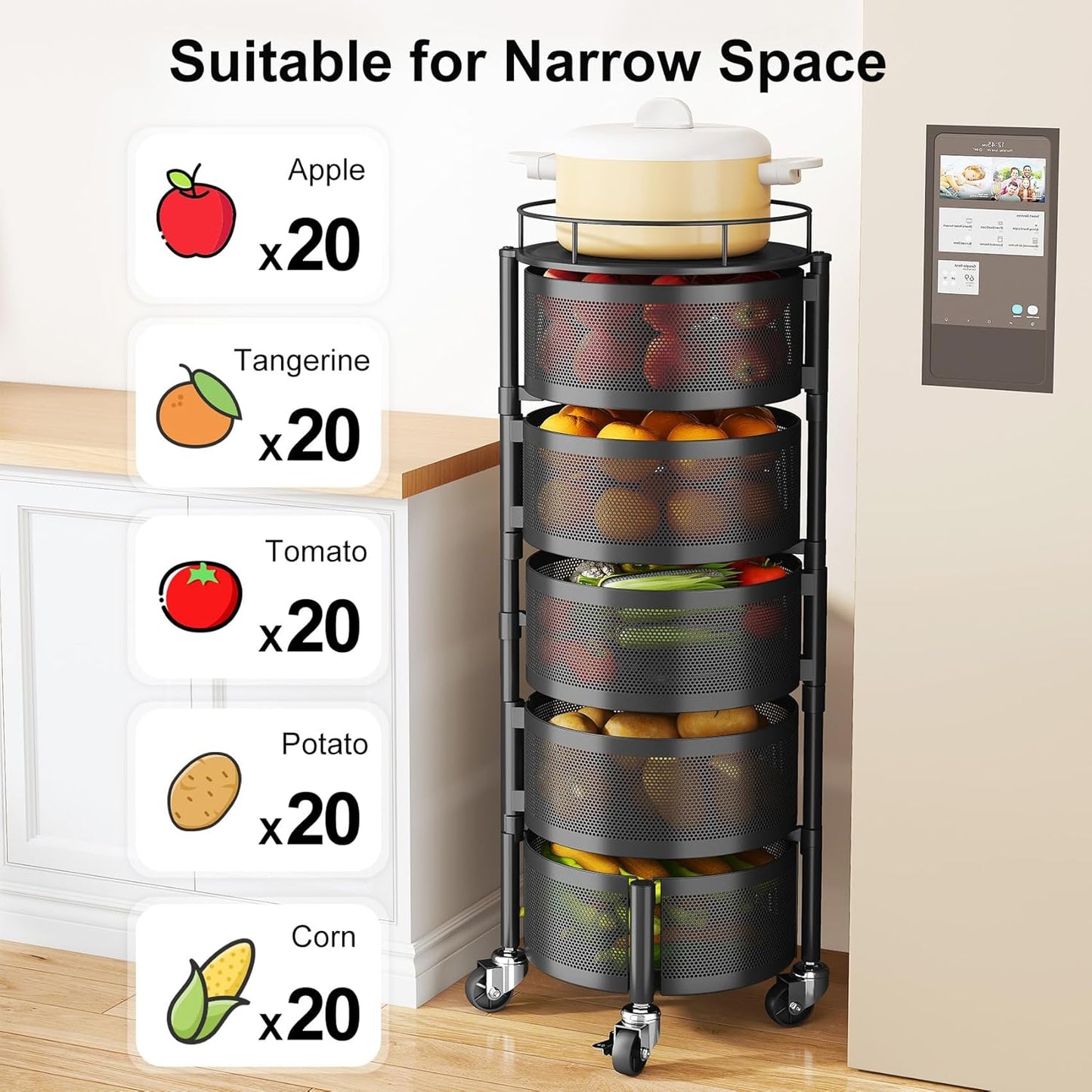 Fruit Vegetable Basket for Kitchen, Rotating Storage Rack, 5 Tier Rolling Cart with Top Lid, Large Metal Wire Wheels, Black