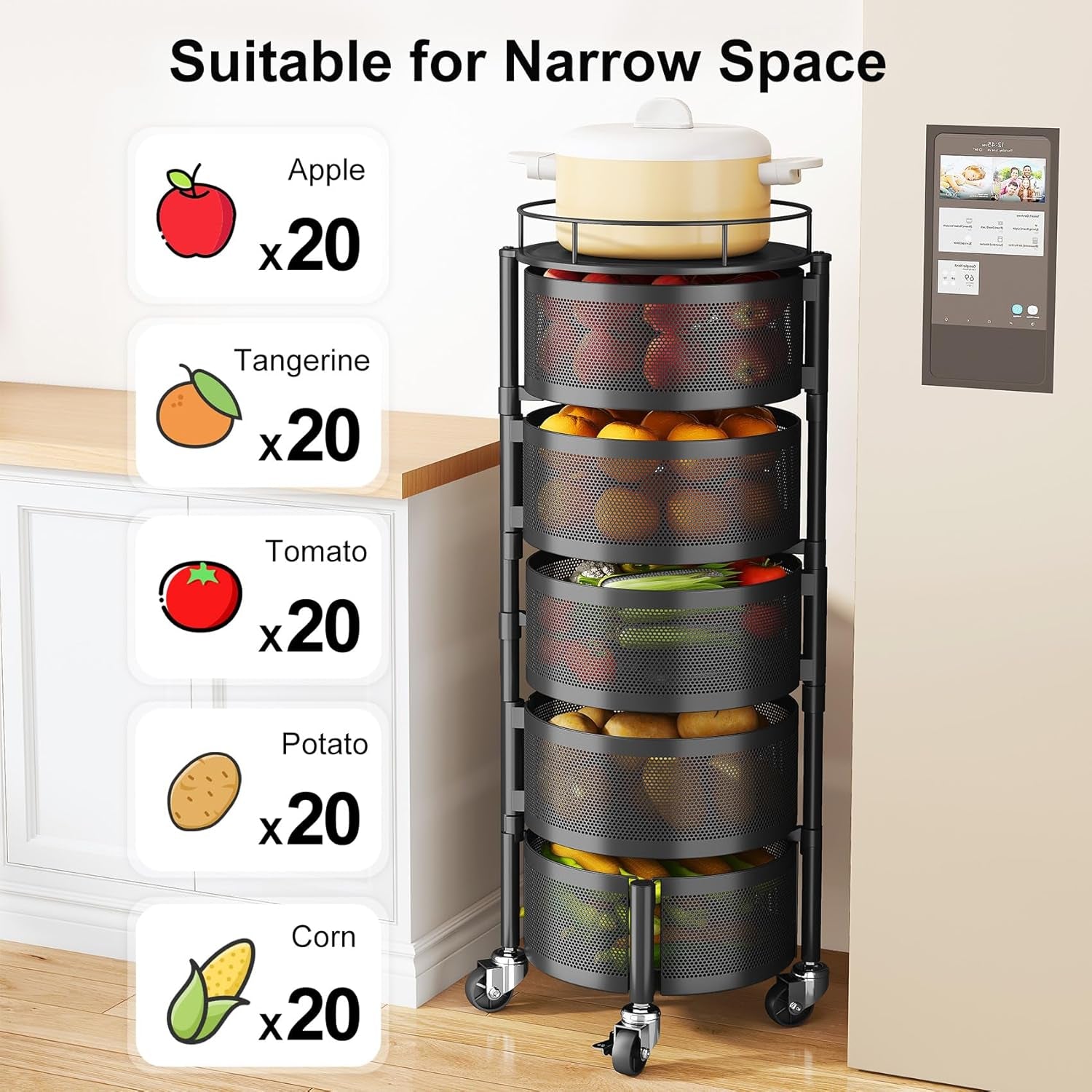 Fruit Vegetable Basket for Kitchen, Rotating Storage Rack, 5 Tier Rolling Cart with Top Lid, Large Metal Wire Wheels, Black