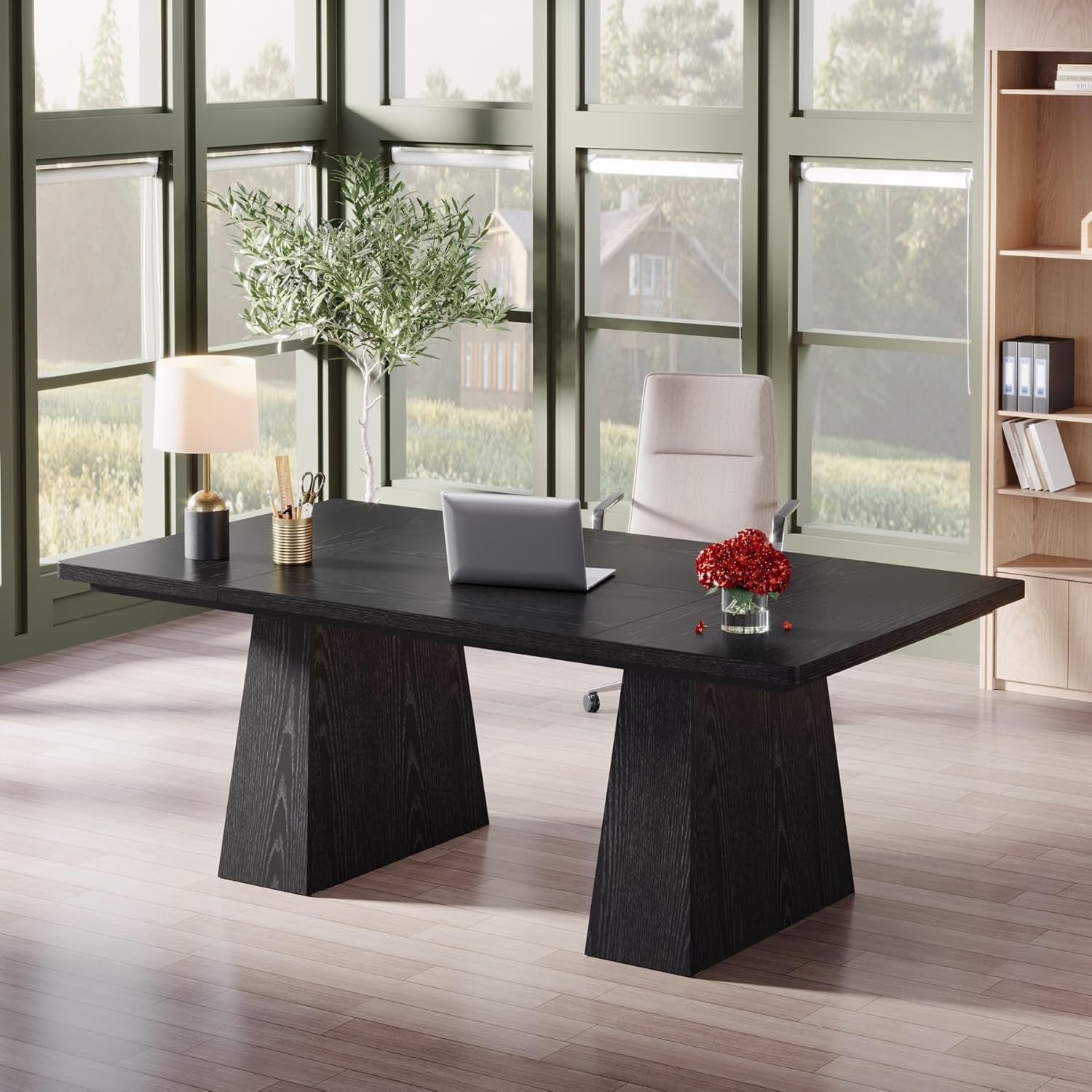 63-Inch Executive Desk, Large Office Computer Desk with Double Pedestal, Modern Simple Workstations Writing Table Conference Table Business Furniture for Home Office, Black
