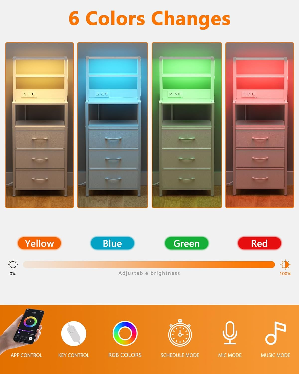 Night Stand, White Bedside Nightstand with 4-Tier Shelves and 3 Fabric Drawers, LED Bed Side Tables with Charging Station, Tall Dresser for Bedroom, Hallway, Office