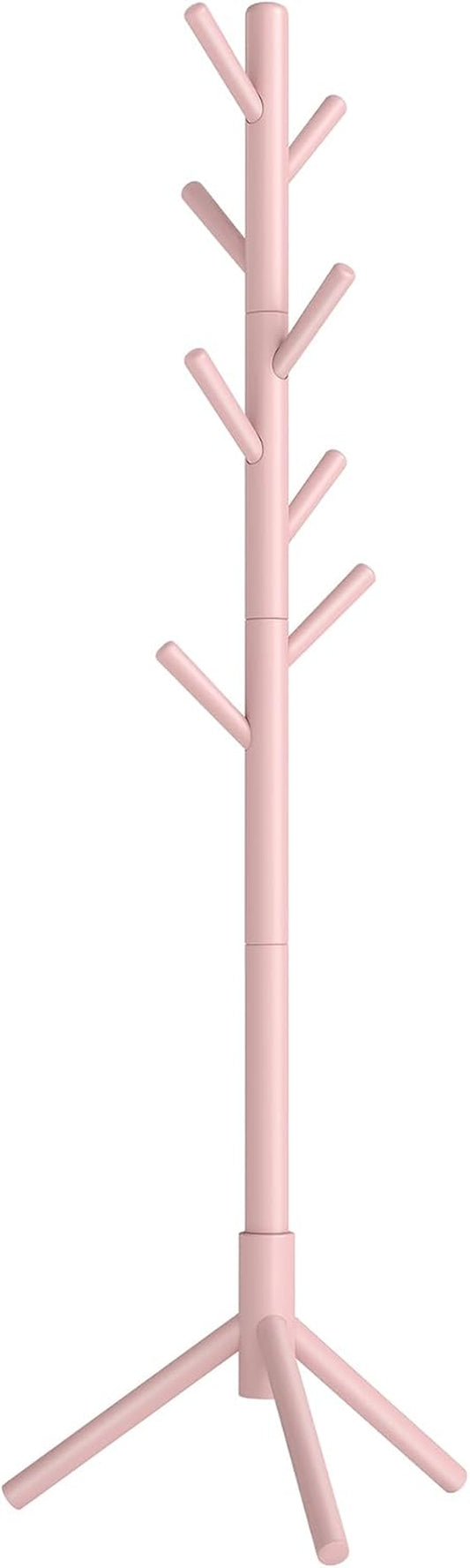 Solid Wood Coat Rack, Free Standing Tree-Shaped Coat Rack with 8 Hooks, 3 Height Options, for Clothes, Hats, Bags, Living Room, Bedroom, Home Office, Jelly Pink URCR004R01