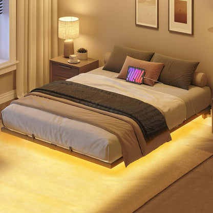 Floating Bed Frame Full Size, Bed Frame with Charging Station and LED Lights, Industrial Style Metal Platform Full Bed, Soundless, No Box Springs Needed, Black