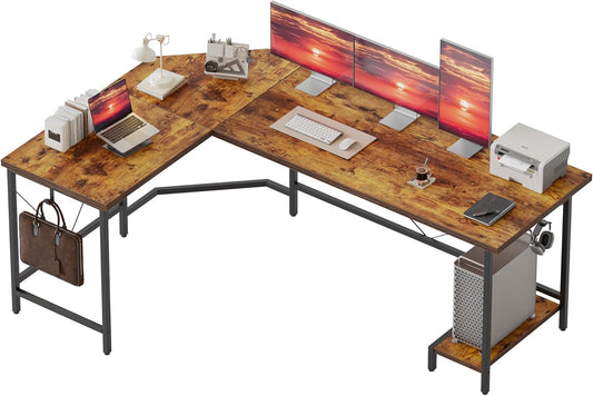 59 Inch Large L Shaped Desk, Simple Corner Gaming Desk with CPU Stand & Hooks, Computer Desk for Home, Bedroom & Office Workspace, Dark Brown