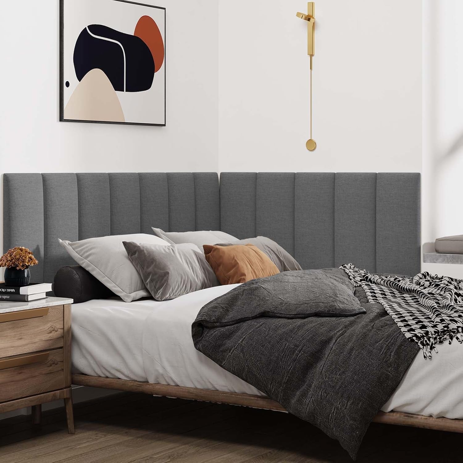 Upholstered Wall Mounted Headboard, 3D Soundproof Wall Panels Peel and Stick Headboard for Queen Size, Reusable and Removable Tufted Bed Headboards in Dark Grey(9 Panels, 10" X 24")
