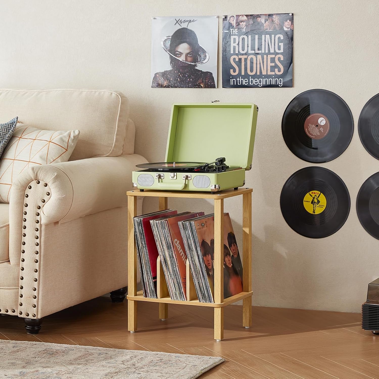 2-Tier Bamboo Record Player Stand with Vinyl Record Storage up to 100 Albums, Boho Bedroom Record Holder and Multi-Functional End Table for Living Room, Natural