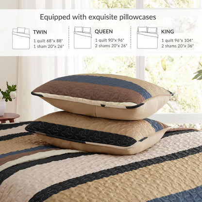 King Size Quilt Set - Reversible Camel Quilt King Size with 2 Pillow Shams, Lightweight Boho Striped Oversized Bedspreads Coverlet Bedding Set for All Seasons