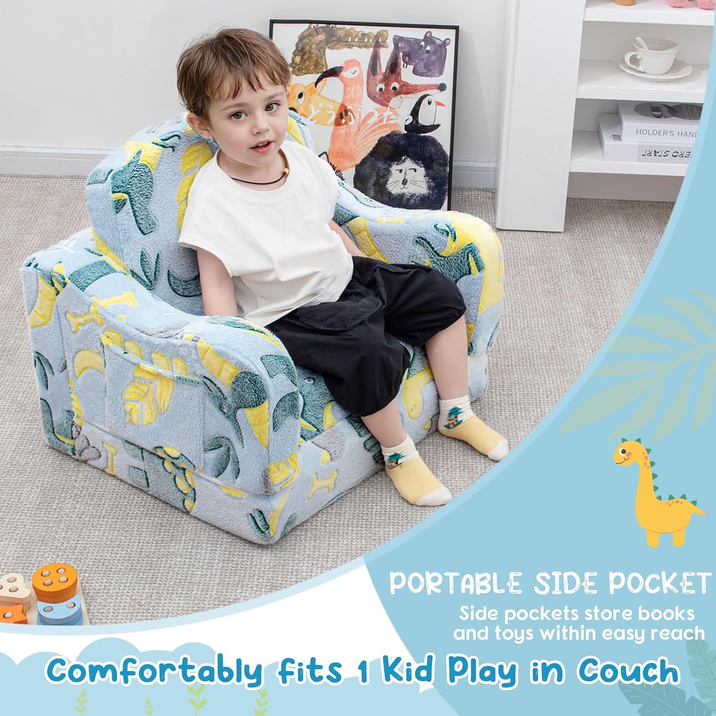 Comfy Toddler Chair and Couch for Kids with Blanket,2-In-1 Soft Plush Fold Out Toddler Couch for Girls and Boys,Convertible Sofa to Lounger for Playroom,Glowing Dinosaur