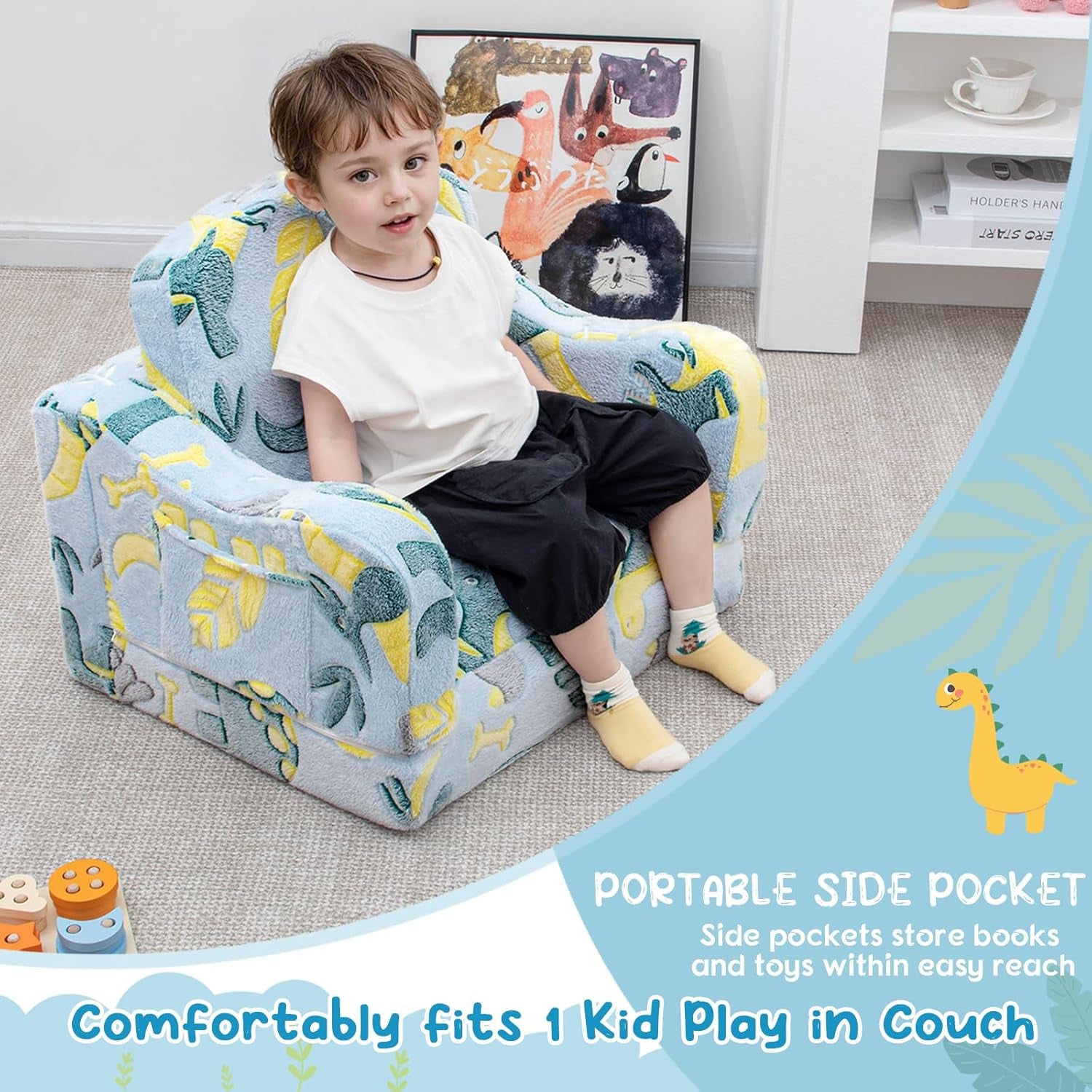 Comfy Toddler Chair and Couch for Kids with Blanket,2-In-1 Soft Plush Fold Out Toddler Couch for Girls and Boys,Convertible Sofa to Lounger for Playroom,Glowing Dinosaur