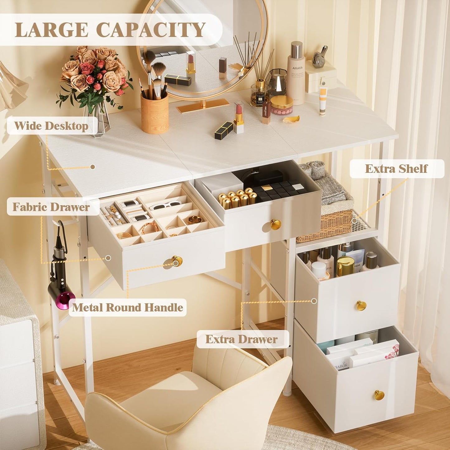 White Vanity Desk without Mirror, Small Makeup Desk with 4 Fabric Drawers, 33.5 Inches Dressing Table with Storage, Vanity Table for Bedroom with Hook, White