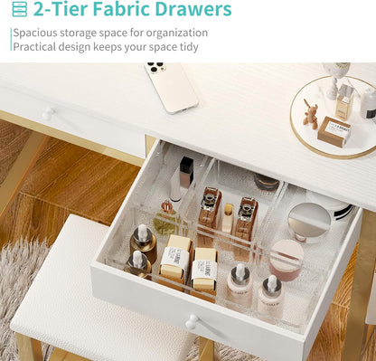Small Makeup Vanity Desk with Mirror and Light, 32 Inch White Vanity Desks Sets with Fabric Drawers for Girls Teen, Dressing Table and Chair Set with Power Outlet for Bedroom, White Gold