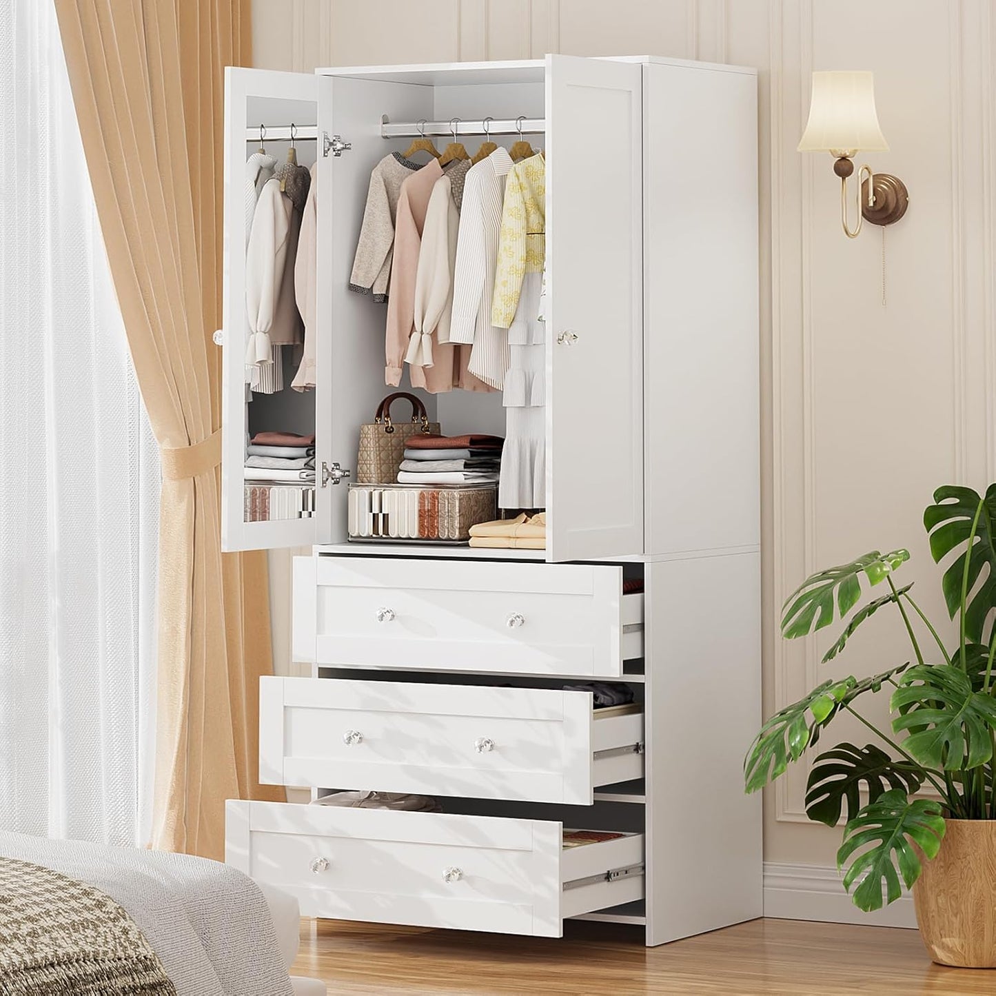 Armoire Wardrobe Closet with Drawers and Mirror, 71" Clothing Storage Cabinet with Hanging Rod, 2 Doors Wooden Wardrobe Cabinet for Bedroom, Large Capacity Storage, White