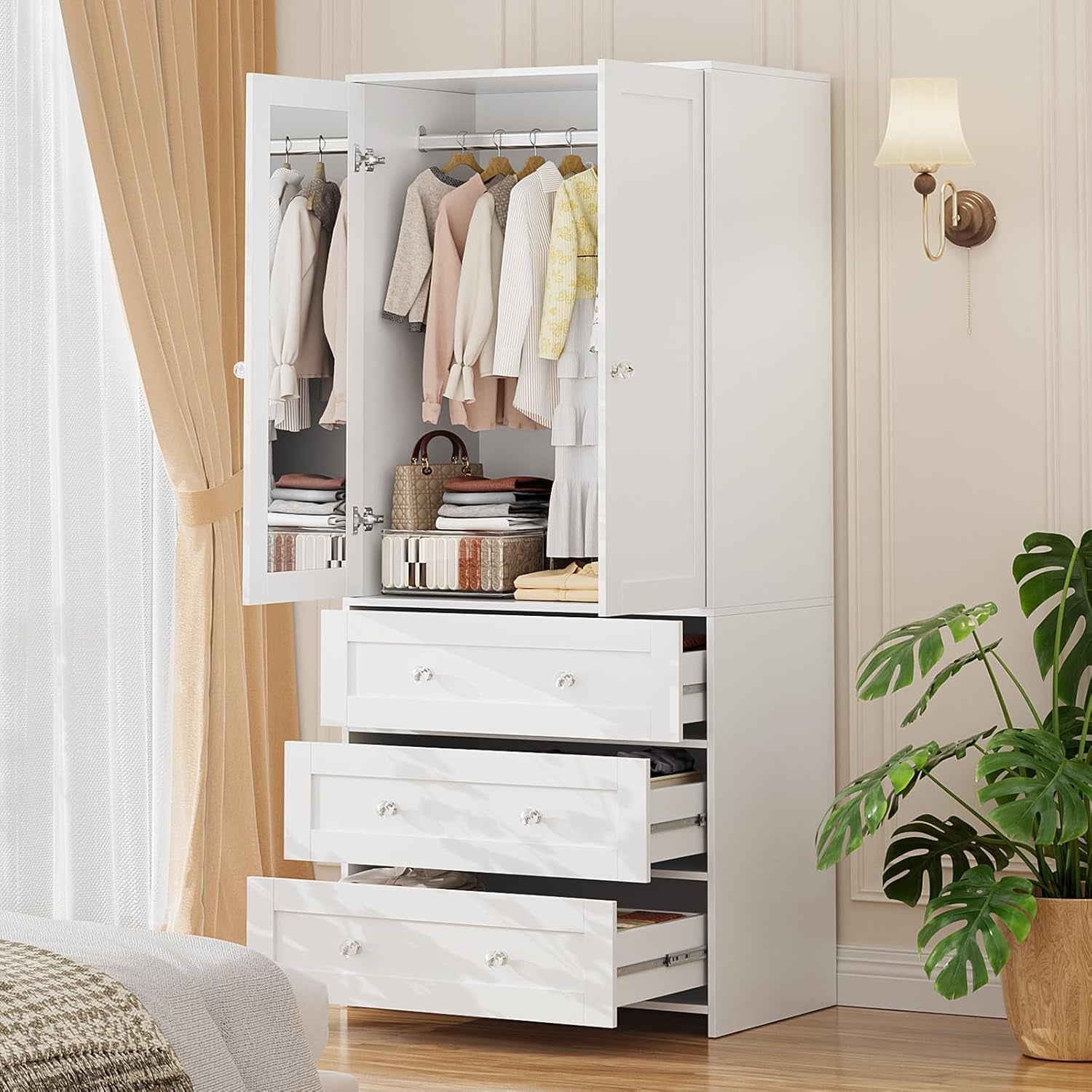 Armoire Wardrobe Closet with Drawers and Mirror, 71" Clothing Storage Cabinet with Hanging Rod, 2 Doors Wooden Wardrobe Cabinet for Bedroom, Large Capacity Storage, White