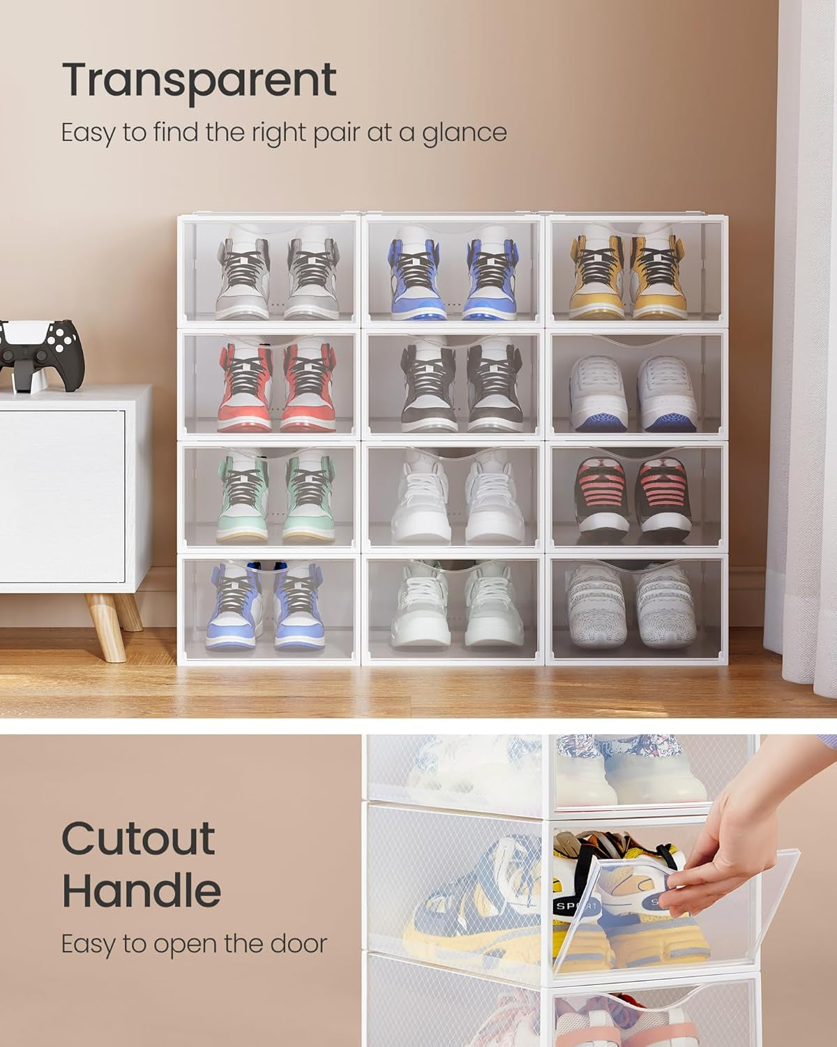 Stackable Shoe Boxes, Set of 12 Plastic Shoe Organizers with Door, Transparent, Easy Assembly, 9.1 X 13.1 X 5.6 Inches, for Shoes up to US Size 10, Transparent and Cloud White ULSP312W01