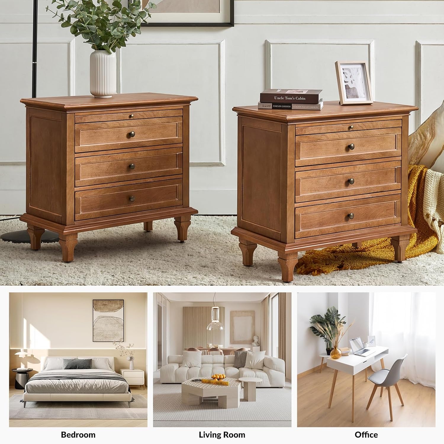 Farmhouse 3 Drawer Nightstand with Tray, Drawer Organizer with Solid Wood Legs, Nightstand with Charging Station,Acorn
