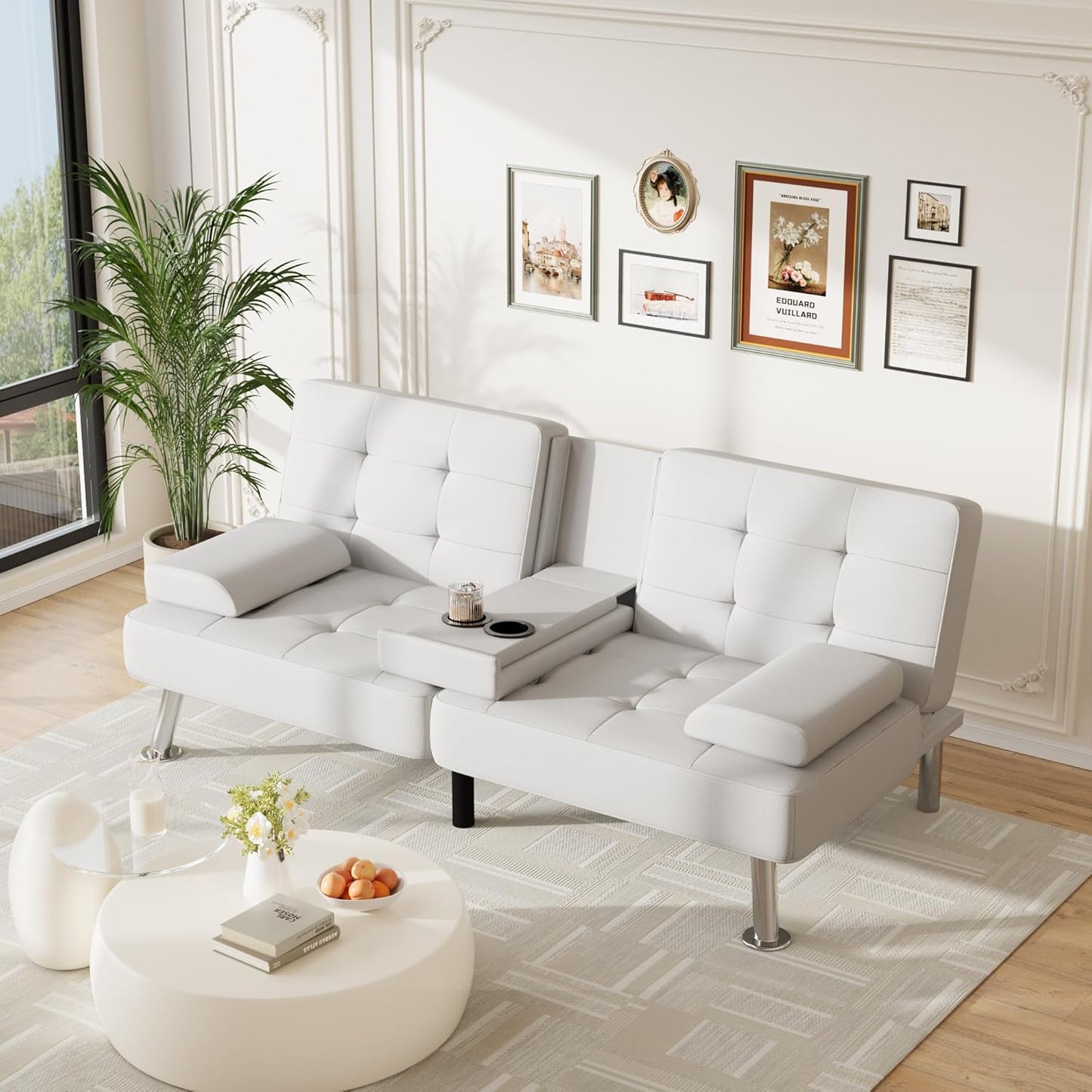 Futon Sofa Bed Adjustable Futon Couch Sleeper Sofa Bed for Living Room, Business Office, Recliner Sofas with Cup Holders (PU Leather, White)