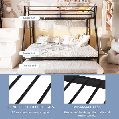Bunk Bed Twin over Full with Trundle, Twin Trundle Bed with Daybed, Metal Bunk Bed with 2 Secured Ladders, Safety Guard, Noise Free for Small Bedroom, Black (With Trundles, Twin over Full)