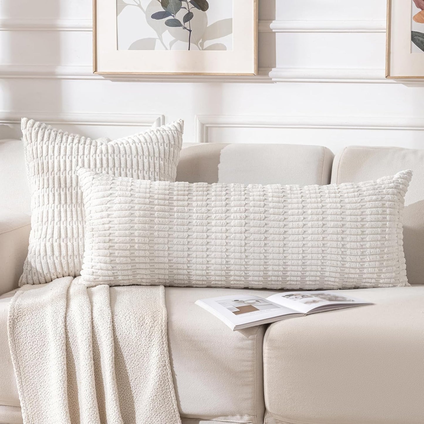 Cream Boho Long Body Lumbar Decorative Throw Pillow Cover 14X36 Inch for Bed Couch Bedroom Bench, Soft Corduroy Rectangle Solid Pillow Case 35X91 Cm, Rustic Farmhouse Room Decor