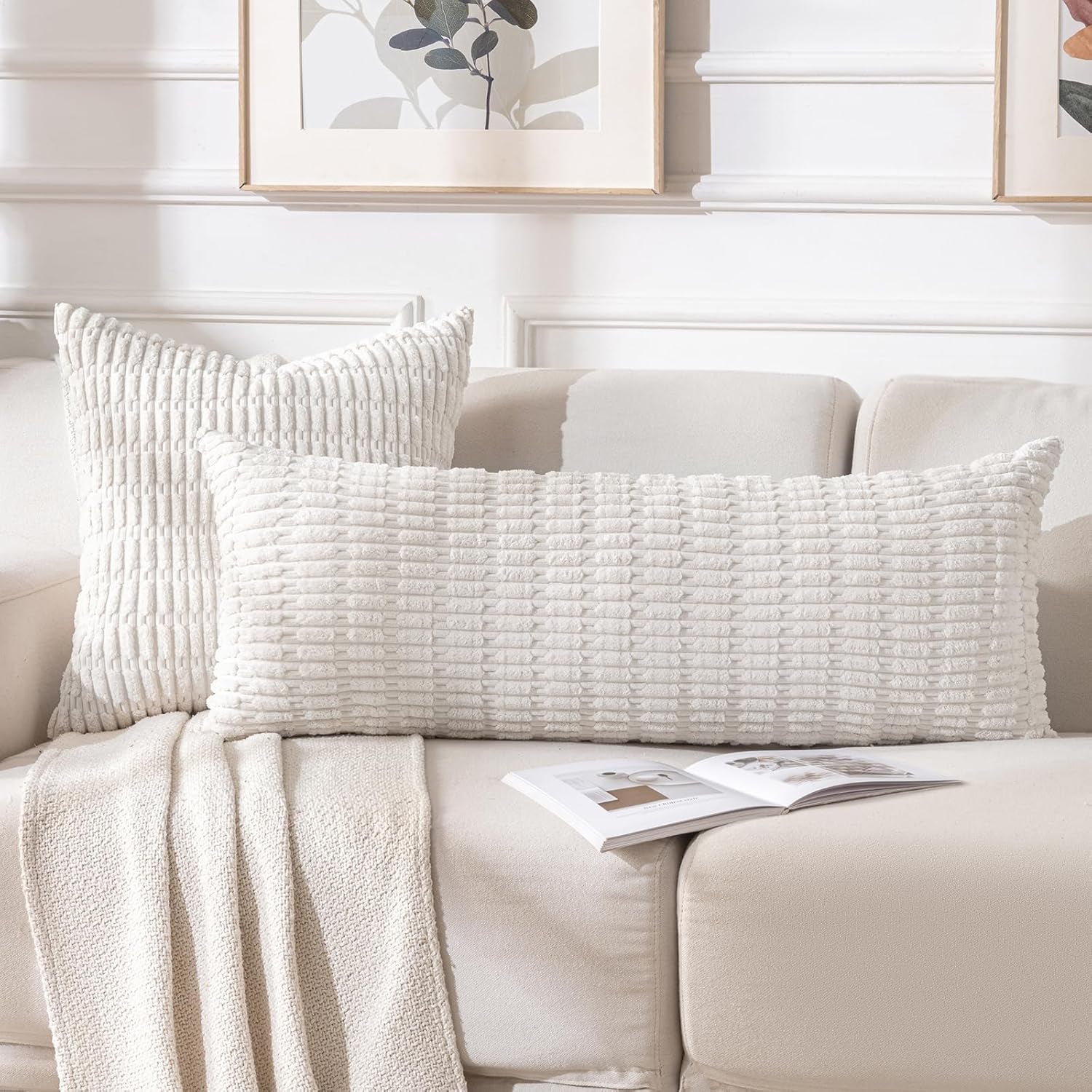 Cream Boho Long Body Lumbar Decorative Throw Pillow Cover 14X36 Inch for Bed Couch Bedroom Bench, Soft Corduroy Rectangle Solid Pillow Case 35X91 Cm, Rustic Farmhouse Room Decor