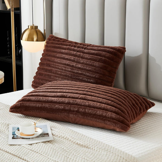 Bed Pillowcase King Set of 2 Striped Faux Rabbit Fur and Velvet Back Rectangle Lumbar Pillow Covers Shams Modern Home Decorative (Coffee, 20 X 36 Inch)