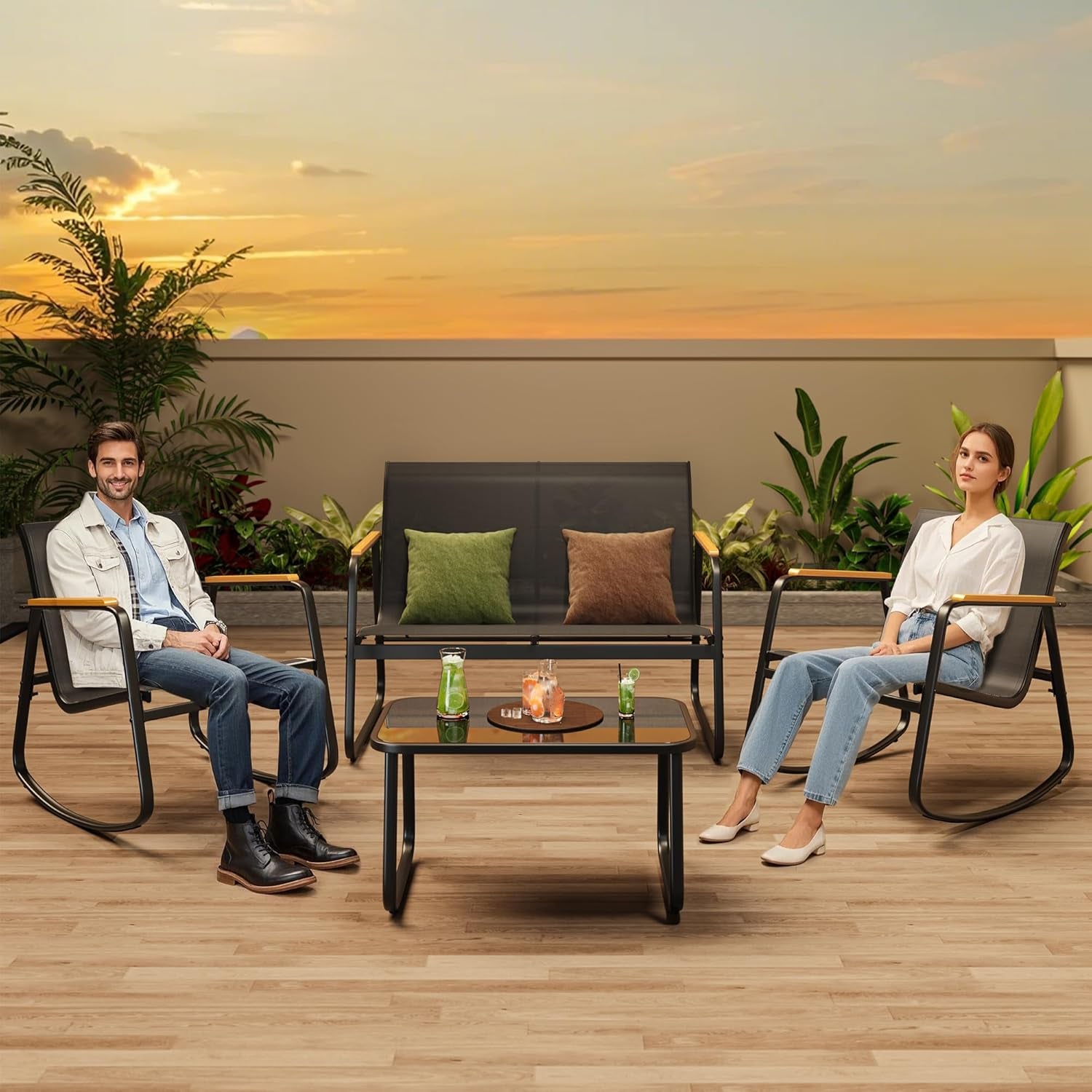 4-Piece Patio Furniture Set, Textilene Outdoor Conversation Set with 2 Rocking Chairs and Tempered Glass Coffee Table, for Lawn, Garden, Balcony, Poolside (Black)