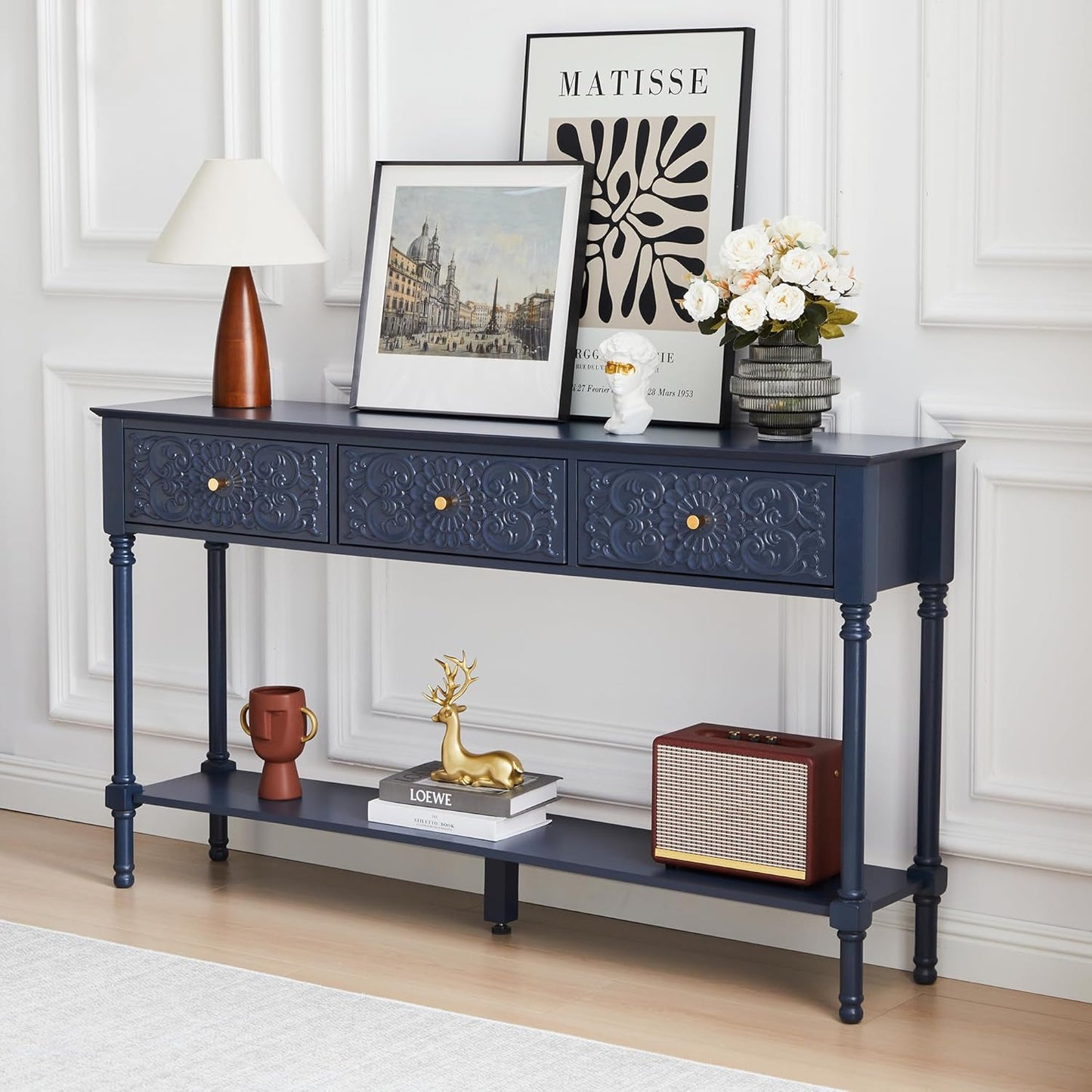 55.5" Carved Console Table with 3 Drawers, 2-Tier Sofa Table with Glossy Floral Surface and Solid Wood Legs, Mid-Century Modern Entryway Table for Living Room Hallway (Midnight Blue)