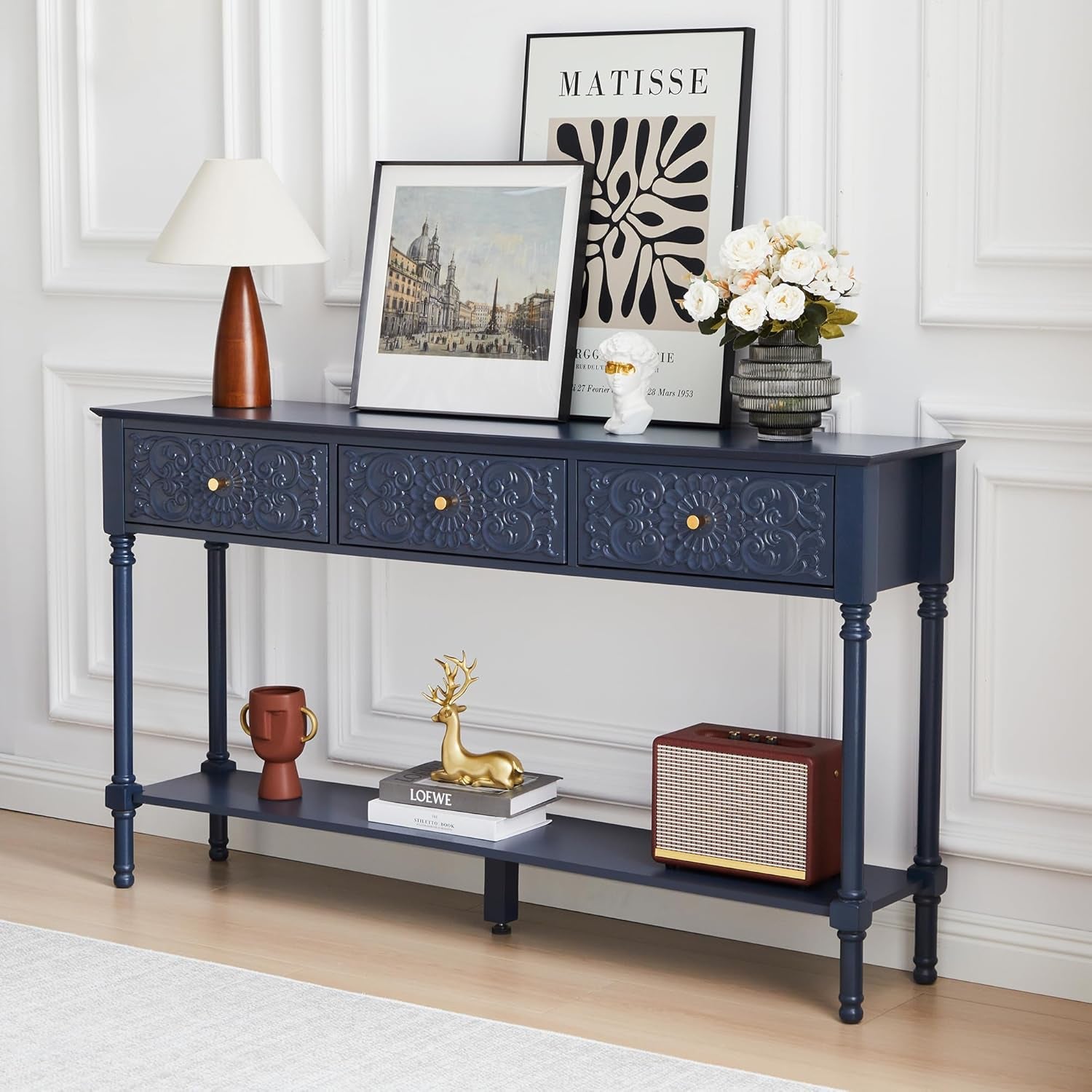 55.5" Carved Console Table with 3 Drawers, 2-Tier Sofa Table with Glossy Floral Surface and Solid Wood Legs, Mid-Century Modern Entryway Table for Living Room Hallway (Midnight Blue)