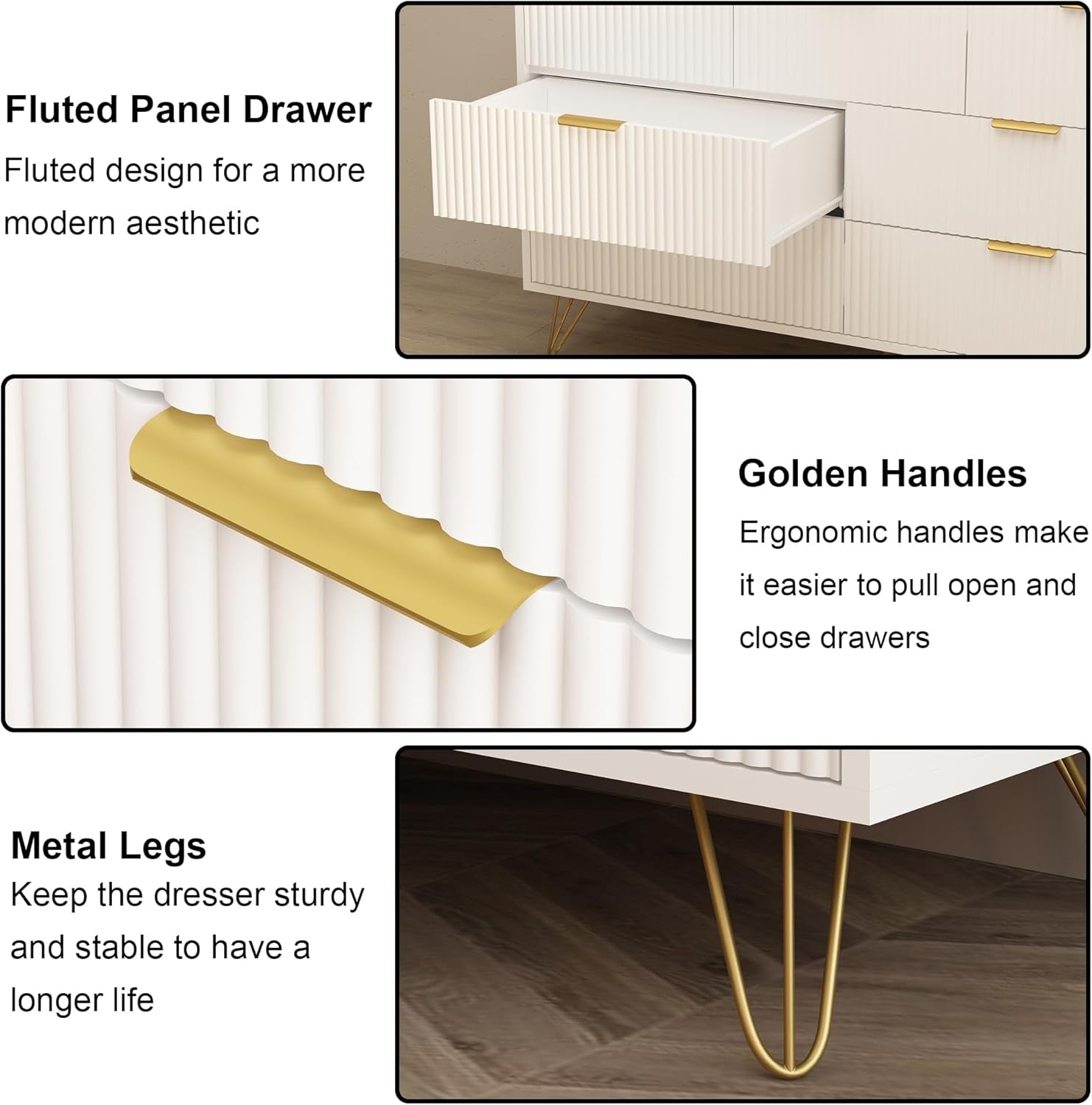 7 Drawer Dresser and Nightstand Sets for Bedroom, 3 Pcs Fluted Bedroom Set，Night Stand Set of 2 & 7 Drawer Dresser with Golden Handles, Wood Chest of Drawers Storage Cabinet Set, White