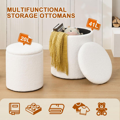 Round Set of 2 Ottoman with Storage, Boucle Storage Ottoman Foot Stool, Soft Teddy Upholstered Small Vanity Stool, Ottomans Coffee Table Padded Seat Foot Rest for Living Room Bedroom, White