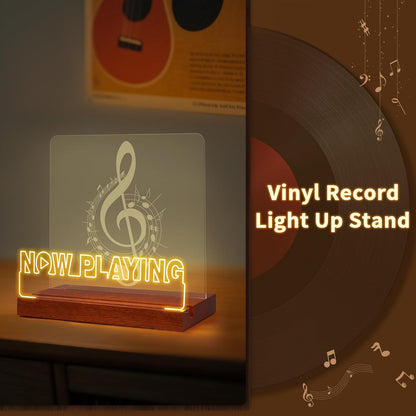 Now Playing Vinyl Record Stand, Light up Record Holder Stand Display Decor, LED Wooden Base with Soft Warm White Lights,Vinyl Album Storage Gifts for Music Lovers Room Decor