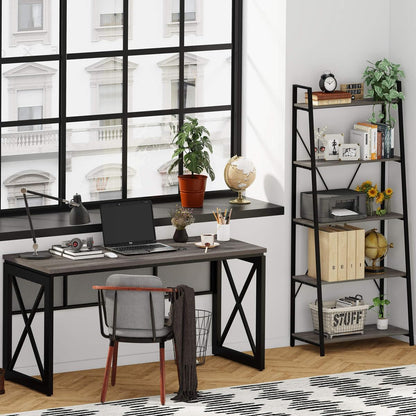 5-Tier Ladder Shelf, Industrial Leaning Bookcase, Wood and Metal Ladder Bookshelf for Living Room, Bedroom, Kitchen, Home Office (Grey Oak)