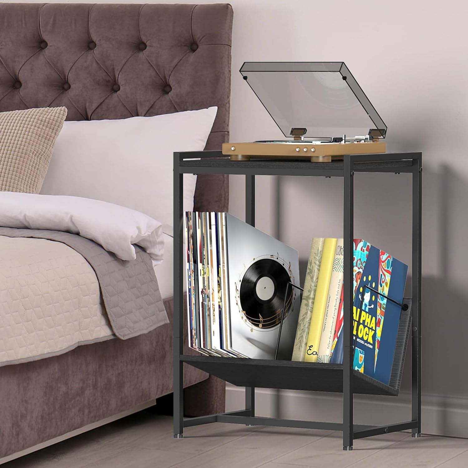 Record Player Table with Vinyl Storage,Black Small End Table Turntable Stand with Record Storage,Vinyl Record Player Stand,2 Tier Bed Side Table Modern Nightstand for Living Room Bedroom