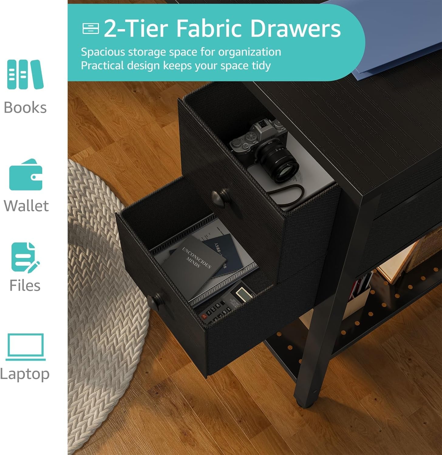 Gaming Desk with Fabric Drawers, 47 Inch Computer Desk for Home Office, Modern Simple Study Writing Table PC Desks for Bedroom, Black