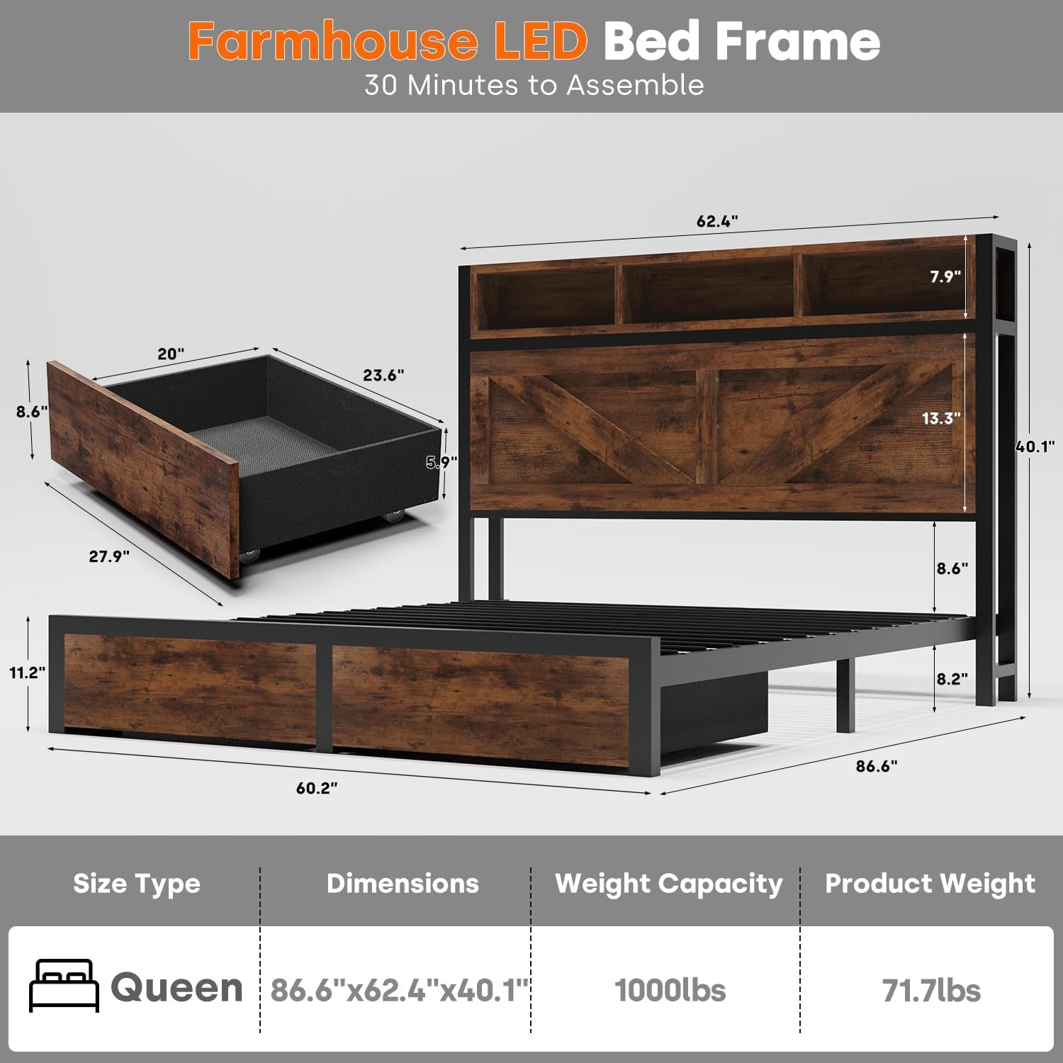 Farmhouse Queen Bed Frame with Bookcase Storage Headboard, Charging Station, LED Light and 2 Storage Drawers, Noise Free, No Box Spring Needed, Brown