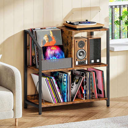 Large Record Player Stand, Vinyl Record Holder, Vinyl Display Rack, Rustic Turntable Display Stand, for Books, Rustic Brown and Black TCW08BF