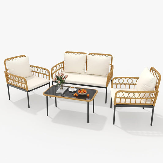 4 Pieces Patio Furniture Set,Outdoor All-Weather Wicker Rattan Bistro Set with Glass Table and Thick Cushions Boho Loveseat Chairs for Balcony Garden Backyard Poolside,Beige