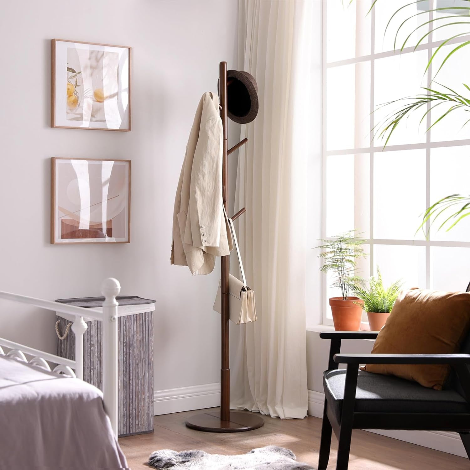Solid Wood Coat Rack, Free Standing Hall Coat Tree with 8 Hooks, 3 Height Options, for Coats, Hats, Bags, Purses, for Entryway, Hallway, Rubberwood Hooks and Pole, Cappuccino Beige URCR010K01
