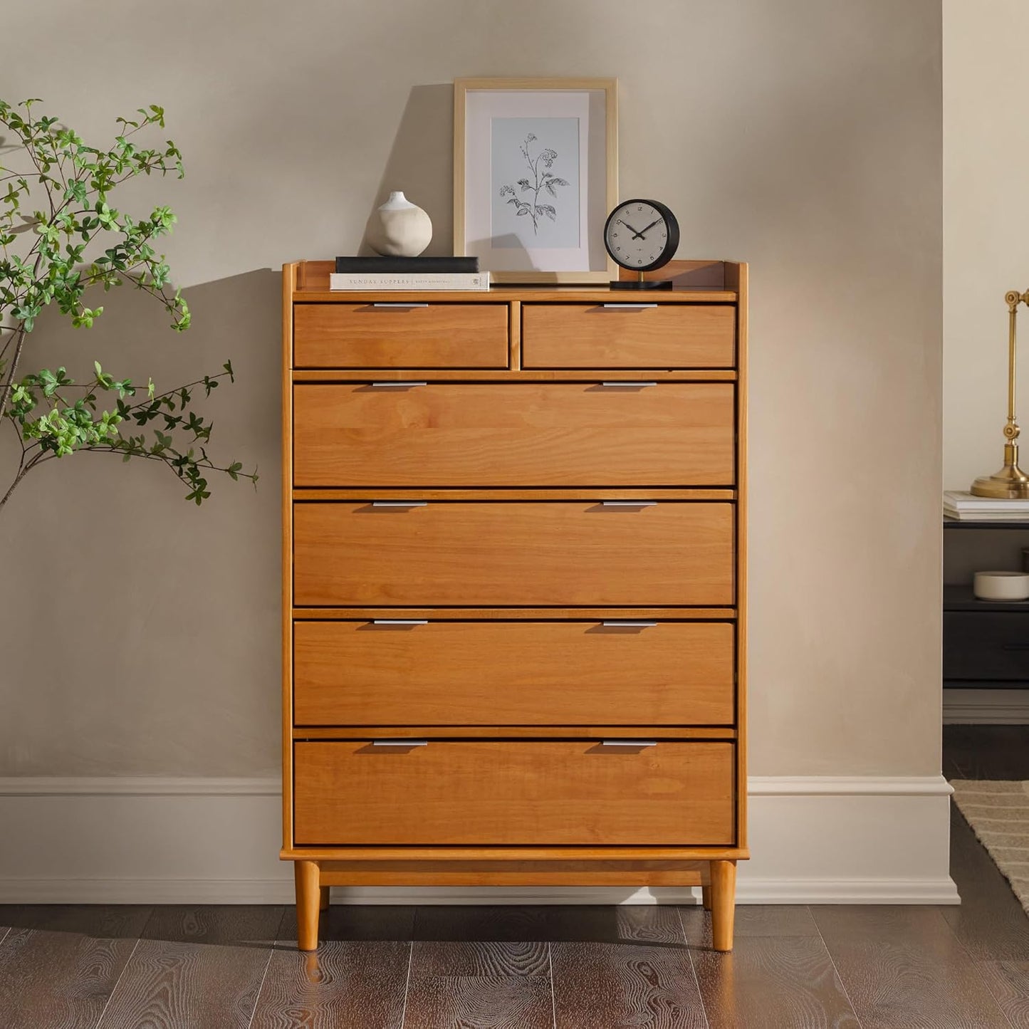 Blythe Mid-Century Modern Tray-Top Solid Wood 6-Drawer Dresser, 30 Inch, Caramel