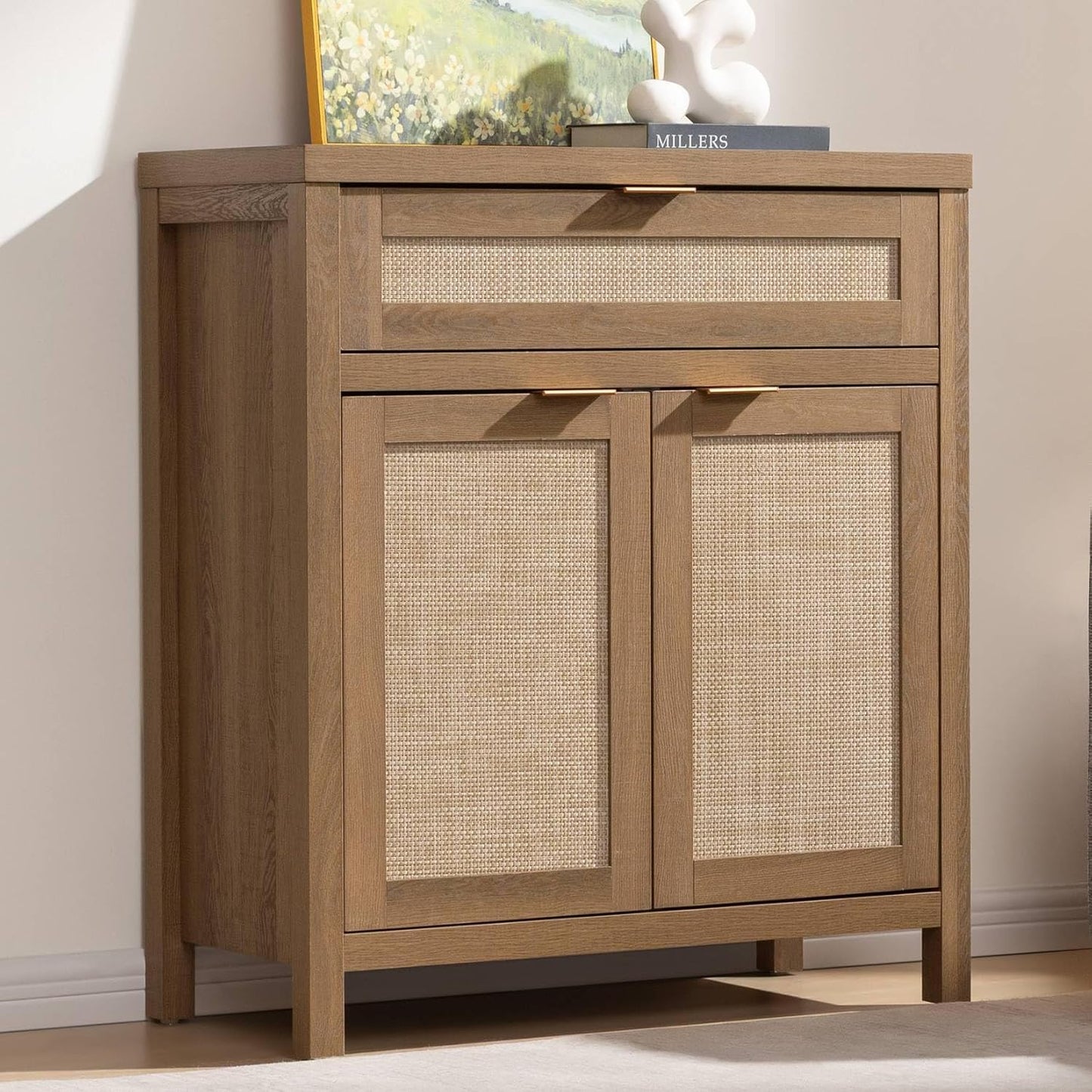 Buffet Cabinet Sideboard with Storage, Rattan Accent Cabinet with Doors Drawer, Boho Credenzas Farmhouse Buffet Table Console Coffee Bar Cabinets for Entryway Living Room, Natural Oak