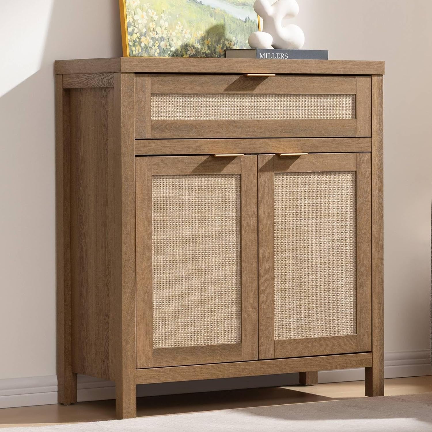 Buffet Cabinet Sideboard with Storage, Rattan Accent Cabinet with Doors Drawer, Boho Credenzas Farmhouse Buffet Table Console Coffee Bar Cabinets for Entryway Living Room, Natural Oak