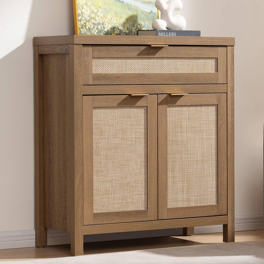 Buffet Cabinet Sideboard with Storage, Rattan Accent Cabinet with Doors Drawer, Boho Credenzas Farmhouse Buffet Table Console Coffee Bar Cabinets for Entryway Living Room, Natural Oak