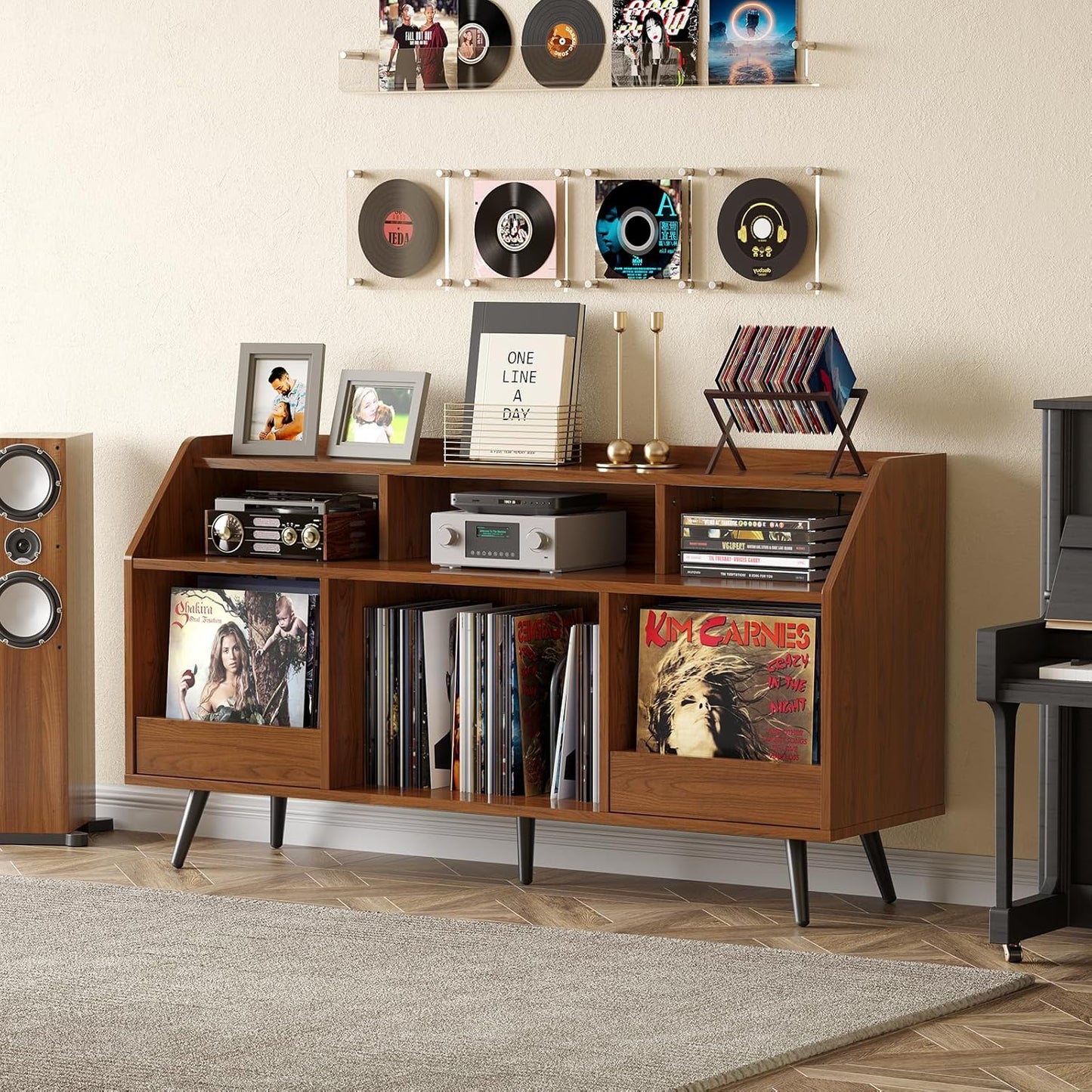 55 Inch Record Player Stand with LED Light, Modern Vinyl Record Storage Cabinet with 2 Drawers & Open Shelves, Holds up to 500 Albums, Turntable Stand W/Charging Station for Living Room Bedroom Walnut