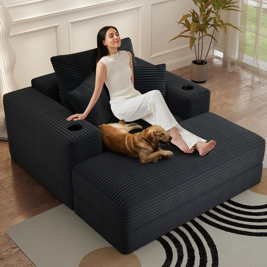 52" Boneless Chaise Lounge Chair Indoor — Oversized Cloud-Like Cozy Comfy Modular 3-In-1 Sofa Bed for Reading, Living Room & Bedroom Corduroy Couch Sleeper, Black