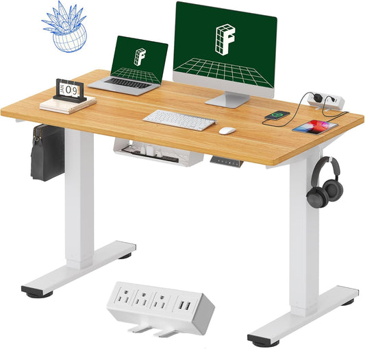 EN2 Whole-Piece Standing Desk with Clamp Power Strip, 48 X 24 Electric Stand up Height Adjustable Desk with Cable Management (White Frame + 48" Maple Top)