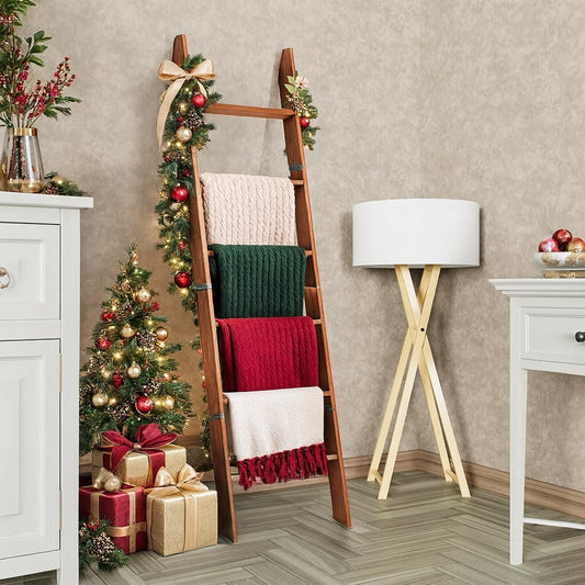 Decorative Wooden Blanket Ladder for the Living Room and Bedroom, 5Ft 8 Inch, Pine Wood Quilt Ladder, 6-Tier Wall Leaning Blanket Rack Stand, Farmhouse Blanket Ladder for Home Décor N Display.(Brown)