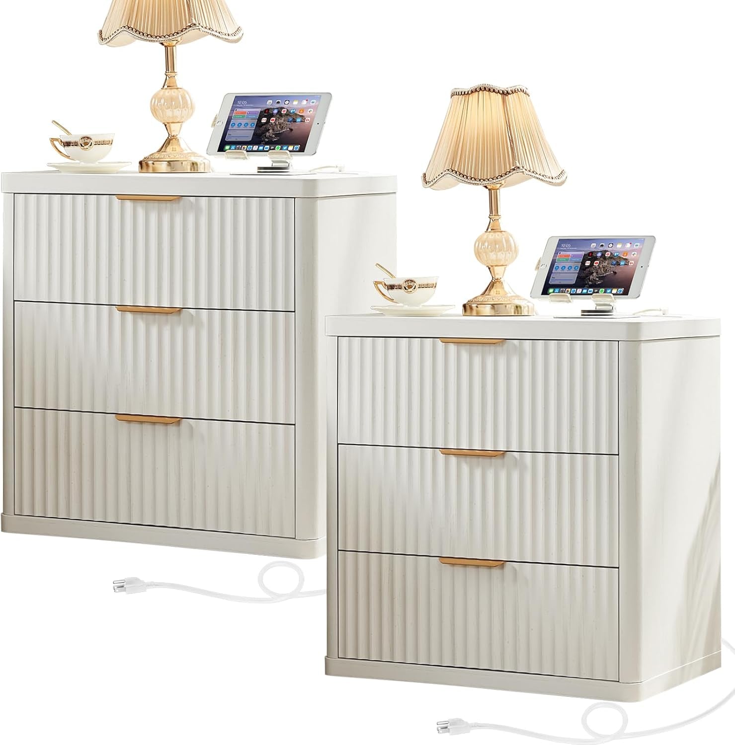 23" Wide Fluted Farmhouse Night Stand Set of 2 with Charging Station, 3 Drawers Large End Table W/Metal Handle,White Nightstand Bedside Table,Wood Dresser for Bedroom, Closet