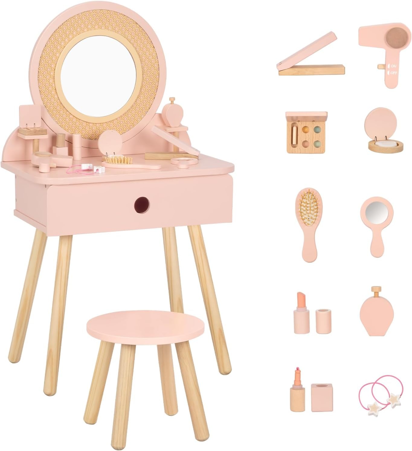 Kids Vanity Table and Chair Set, Pink Girls Vanity with 11 Pcs Accessories, Enough for Real and Pretend Makeup, Toddler Vanity for 3 Year Old and up as Ideal Gift