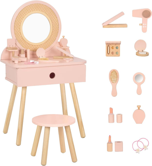 Kids Vanity Table and Chair Set, Pink Girls Vanity with 11 Pcs Accessories, Enough for Real and Pretend Makeup, Toddler Vanity for 3 Year Old and up as Ideal Gift