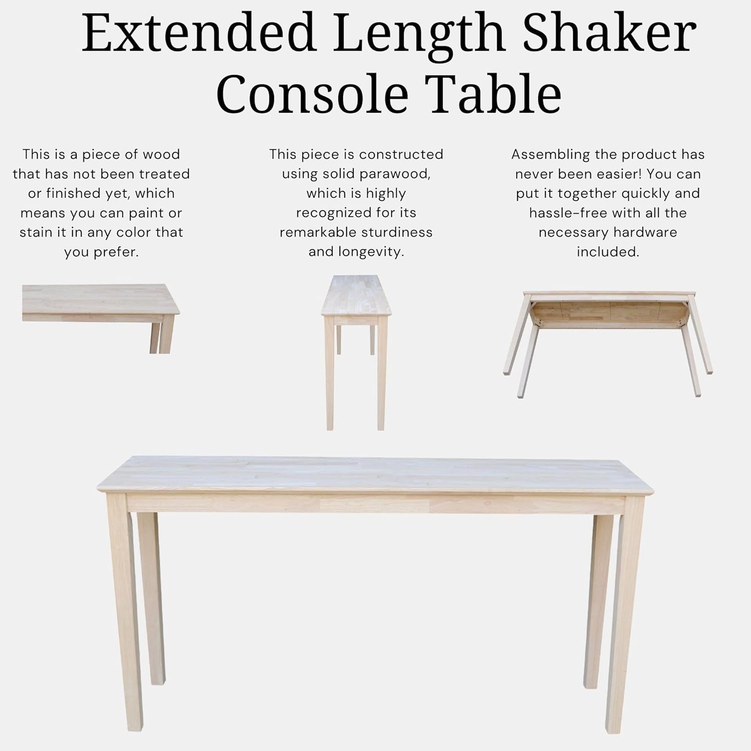 International Concepts Shaker Console Table, 60-Inch Long, Solid Parawood, Unfinished